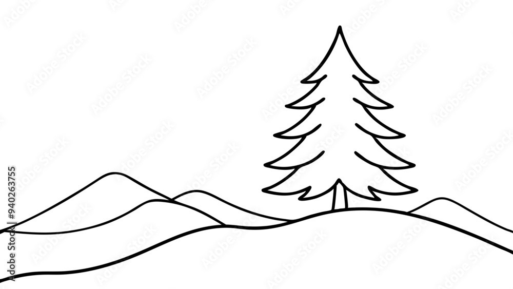 Winter Mountain Scene with Pine Tree: Black and White Silhouette Winter Mountain Scene with Pine Tree: Black and White Silhouette