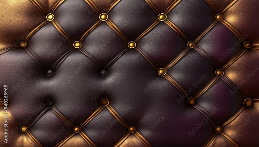 Close-up of a Brown and Gold Leather Upholstery with Gold Buttons