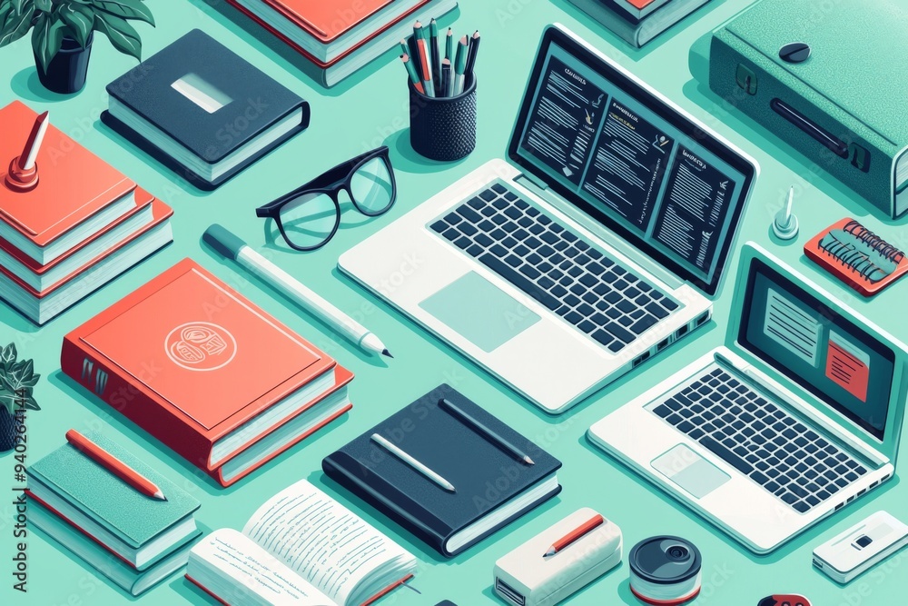 Illustration of educational learning tools set on table created with Generative AI Illustration of educational learning tools set on table created with Generative AI
