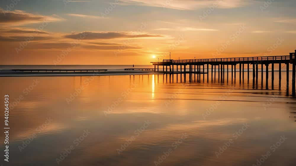 Wooden Pier Silhouetted by Sunset on Calm Beach Wooden Pier Silhouetted by Sunset on Calm Beach
