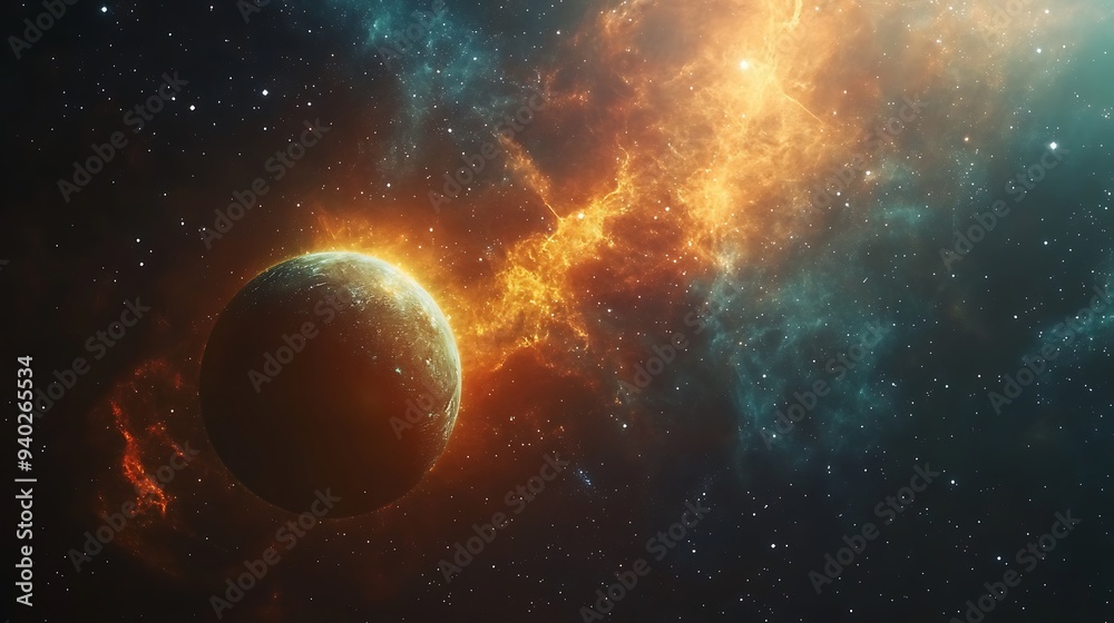 Cosmic Landscape: Planet and Nebula in a Starry Sky Cosmic Landscape: Planet and Nebula in a Starry Sky