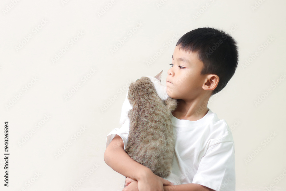 Relationship cat and human. Friendship with pet. Kid hug with gray cat on white background. Emotional support animal. Relationship cat and human. Friendship with pet. Kid hug with gray cat on white background. Emotional support animal.