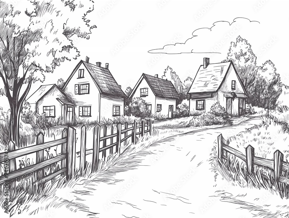 Old village houses in the background, hand-drawn vector illustration of a small-town street with a wooden fence and trees Old village houses in the background, hand-drawn vector illustration of a small-town street with a wooden fence and trees