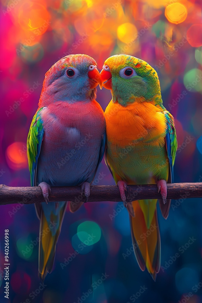 Obraz premium Two colorful parrots are perched on a branch, touching beaks with a blurred colorful background.