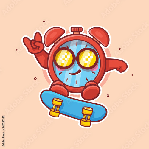 cool alarm clock character mascot playing skateboard isolated cartoon