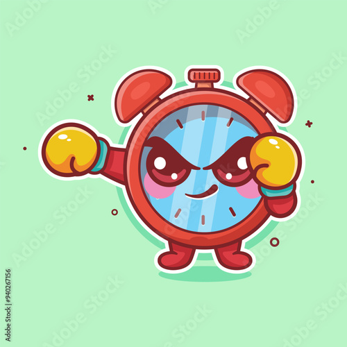 cute alarm clock animal character mascot playing boxing sport isolated cartoon	