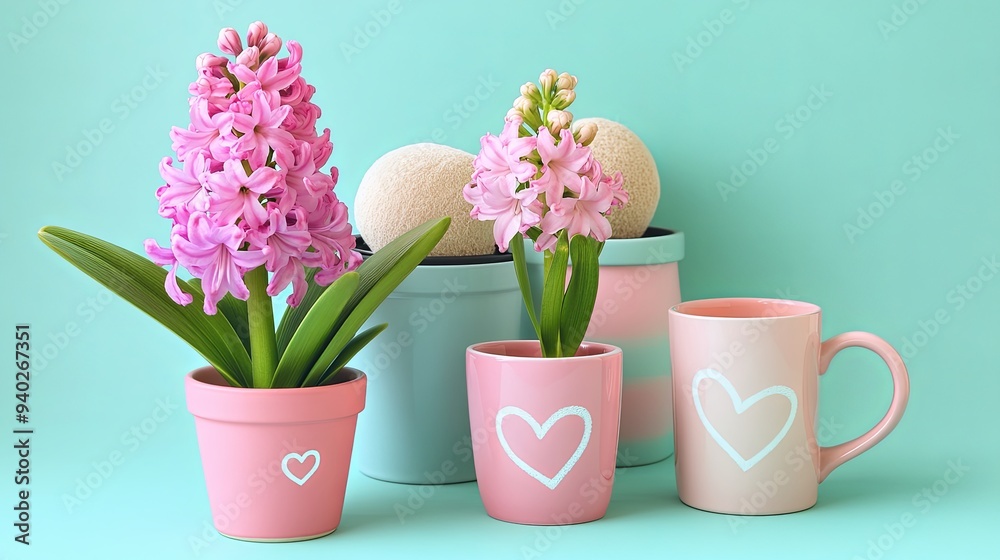Pink hyacinth flowers in pink pots with white hearts on a teal background with a pink mug with a white heart. Pink hyacinth flowers in pink pots with white hearts on a teal background with a pink mug with a white heart.
