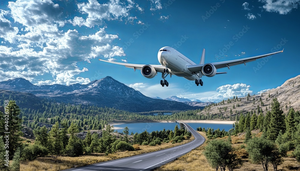 Airplane landing over a lake and mountains.