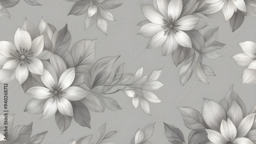 A detailed pencil sketch of a series of large and delicate flowers in shades of gray and white. With petals that seem to dance gently on the surface. This creates a textured floral pattern. A detailed pencil sketch of a series of large and delicate flowers in shades of gray and white. With petals that seem to dance gently on the surface. This creates a textured floral pattern.
