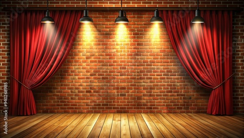 Brick wall background with spotlights framing a stage with red curtains and wooden floor, theater, stage photo