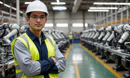 an engineer with crossed arms wearing a white hard hat and reflective vest inside an automobile manufacturing plant, with robotic assembly lines visible behind.