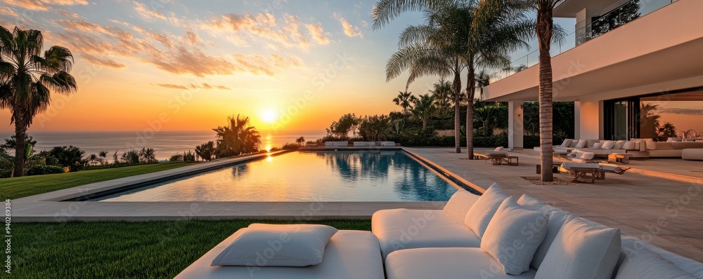 Fototapeta premium Stunning sunset view over a luxurious poolside villa with tropical palm trees, perfect for relaxation and tranquility.