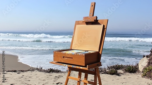 Wooden artist easel with open drawer on a sandy beach with waves crashing in the distance.