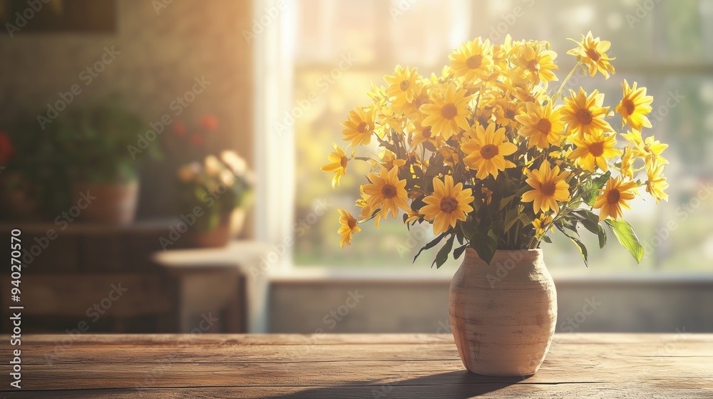 A vibrant vase of yellow flowers sits on a rustic table, basking in warm sunlight and serene charm. A vibrant vase of yellow flowers sits on a rustic table, basking in warm sunlight and serene charm.