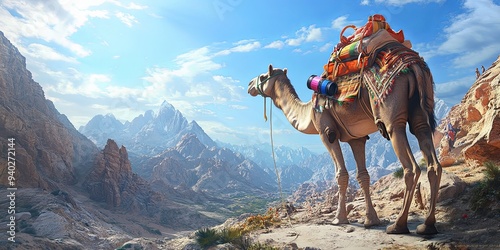 A camel with colorful saddlebags stands on a mountain overlooking a valley with snowy peaks. photo