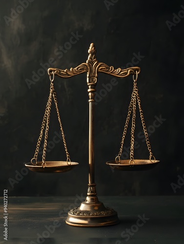 A set of balanced scales placed on a dark, simple background, symbolizing justice and equality with a focus on the precision of the scales  photo