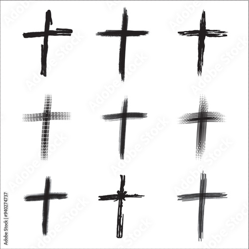 Christian cross vector icon symbols.  Abstract christian religious belief or faith art illustration for orthodox or catholic design. The symbol of the cross in various designs used in tattoo.	