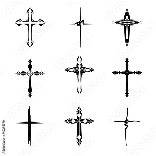 Christian cross vector icon symbols.  Abstract christian religious belief or faith art illustration for orthodox or catholic design. The symbol of the cross in various designs used in tattoo.	
