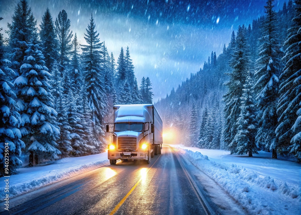 Obraz premium A rugged semi-truck navigates through a blizzard, its headlights illuminating a snow-covered highway lined with towering pine trees, amidst a serene winter wonderland landscape.