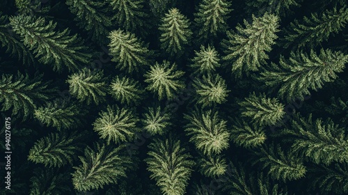 A dense overhead view of dark green coniferous treetops creating a patterned natural texture.