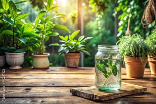 A rustic, wooden table holds a distressed mason jar filled with water and surrounded by fresh greenery, awaiting customization or digital product mock-up insertion.