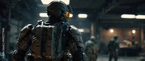 A cyborg soldier fighting in a warzone movie story seen trail cam footage, rear view, wide angle shot, a striking contrast against the soft, blurred background