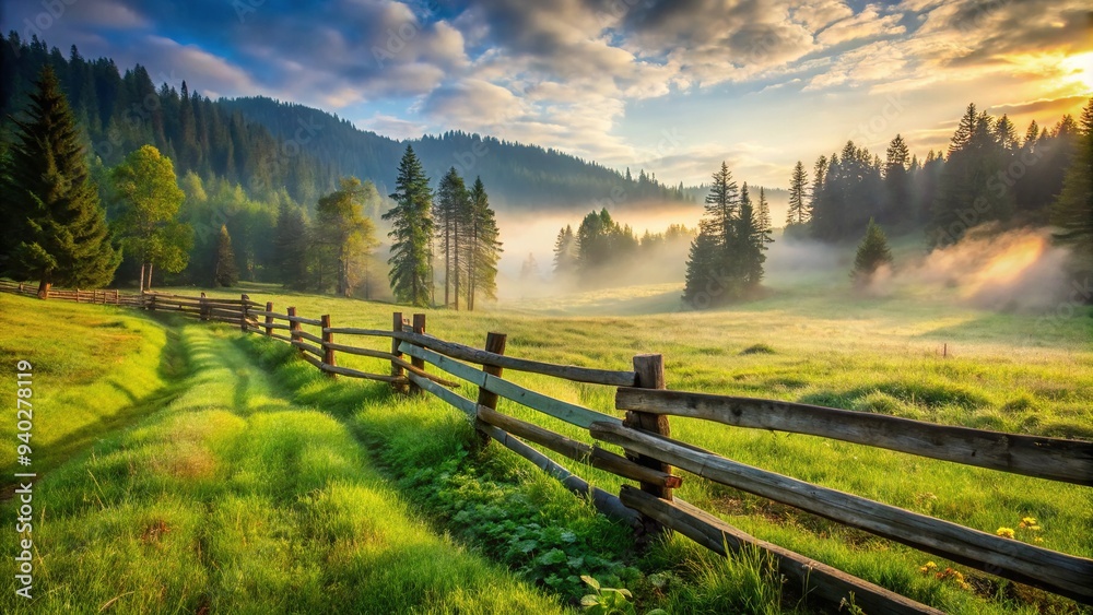 A rustic wooden fence serves as a dividing line separating a lush green meadow from a dense forest, overlooking a serene misty morning landscape. A rustic wooden fence serves as a dividing line separating a lush green meadow from a dense forest, overlooking a serene misty morning landscape.