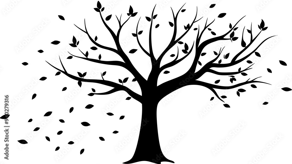 Bare Tree in Autumn with Falling Leaves: Detailed Vector Illustration Bare Tree in Autumn with Falling Leaves: Detailed Vector Illustration