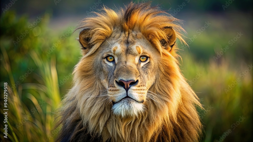 Fototapeta premium Close-up shot of a majestic lion in the wild habitat, lion, wildlife, predator, Africa, savannah, carnivore, feline, nature