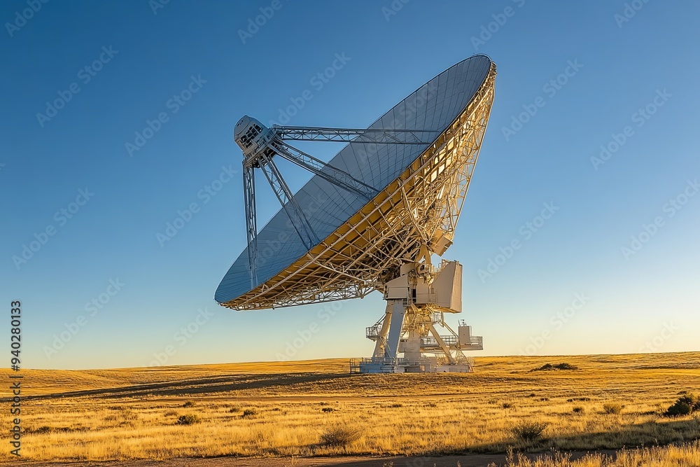 Large radio telescope on a field with blue sky. Large radio telescope on a field with blue sky.