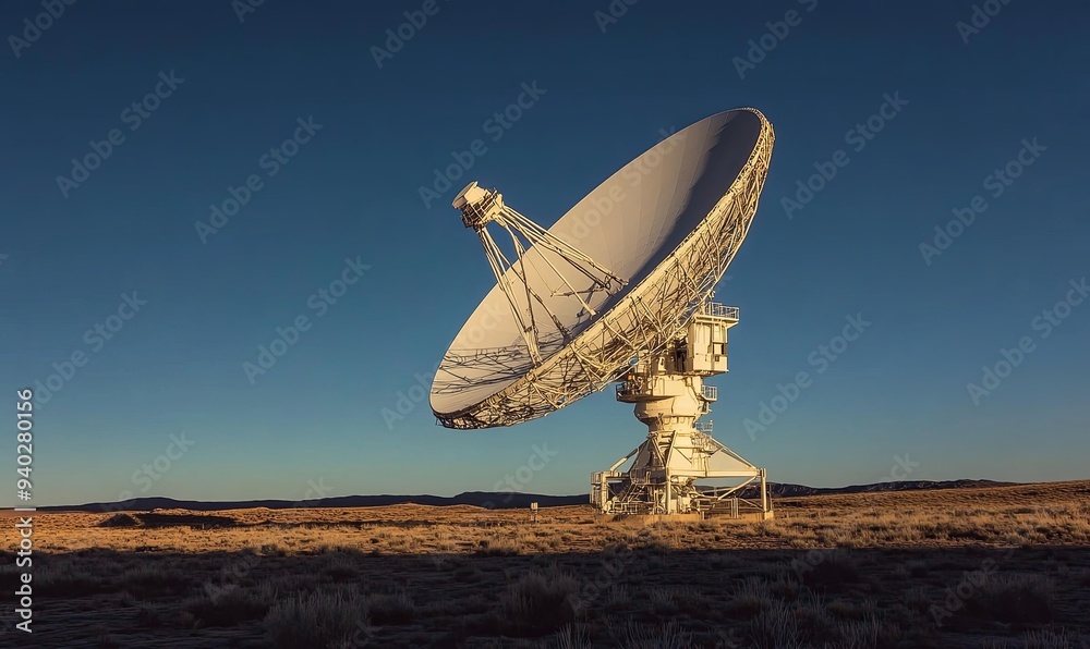 Large white satellite dish on a field against a blue sky. Large white satellite dish on a field against a blue sky.