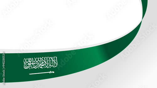 Curved ribbon with flag of Saudi Arabia on white background with copyspace