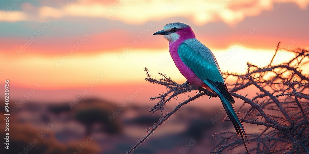 Obraz premium A vibrant blue and pink bird perched on a branch against a vibrant sunset sky.