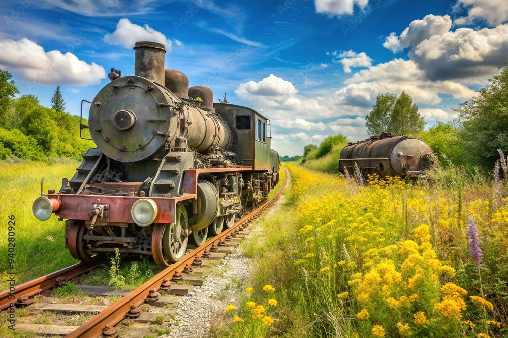 Naklejka premium A rusty old steam locomotive stands idle beside a vintage military tank on a deserted rural railway track surrounded by overgrown weeds and wildflowers.