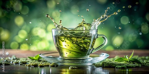 Close-up of green tea splashing in a glass, creating abstract background with bubbles and waves, green tea photo