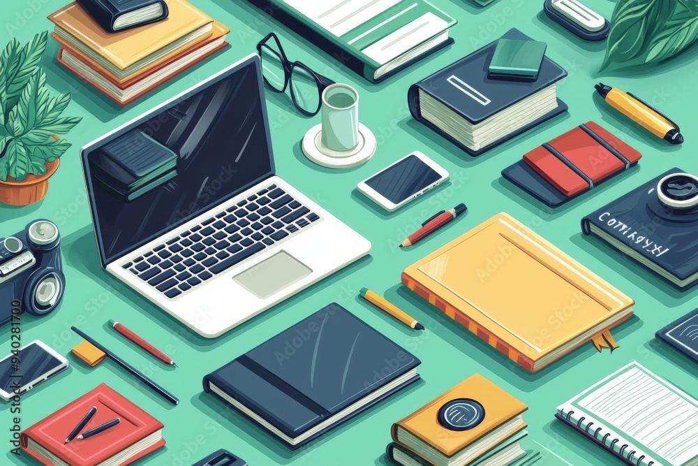 Illustration of educational learning tools set on table created with Generative AI Illustration of educational learning tools set on table created with Generative AI
