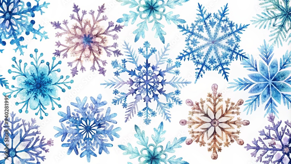 Watercolor snowflake pattern with intricate details on a white background, snowflakes, winter, Christmas, watercolor Watercolor snowflake pattern with intricate details on a white background, snowflakes, winter, Christmas, watercolor