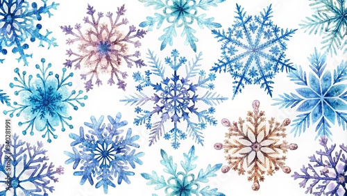 Watercolor snowflake pattern with intricate details on a white background, snowflakes, winter, Christmas, watercolor