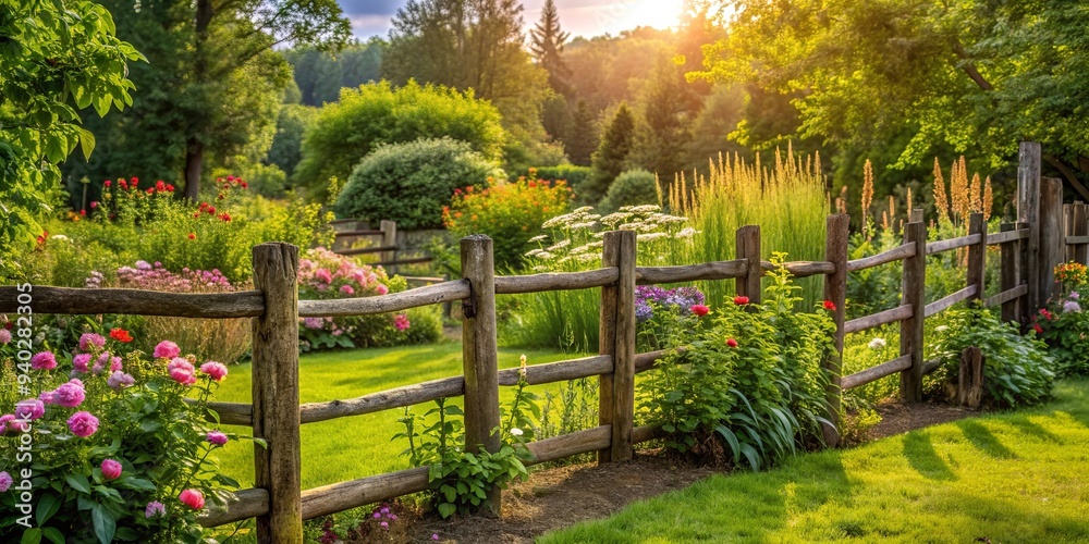 Rustic wooden fence surrounding a lush garden, wood, fence, garden, outdoor, rustic, natural, barrier, boundary Rustic wooden fence surrounding a lush garden, wood, fence, garden, outdoor, rustic, natural, barrier, boundary