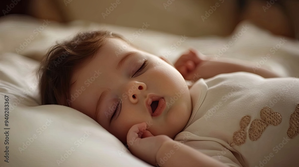 A baby boy sleeping peacefully on a white pillow, wearing a white onesie with brown accents. A baby boy sleeping peacefully on a white pillow, wearing a white onesie with brown accents.