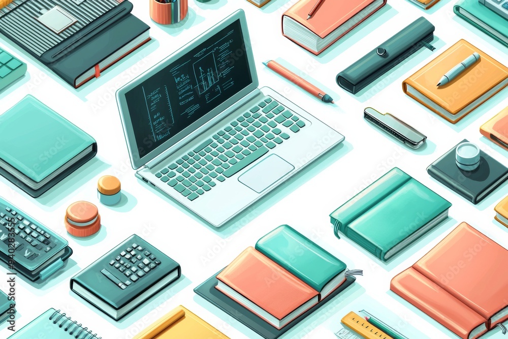 Illustration of educational learning tools set on table created with Generative AI Illustration of educational learning tools set on table created with Generative AI