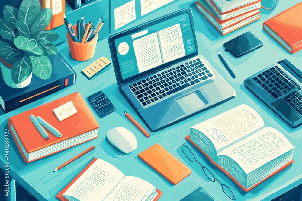 Illustration of educational learning tools set on table created with Generative AI