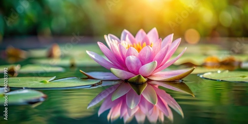 Pink water lily with delicate petals floating on the surface of a tranquil pond , water lily, pink, flower, aquatic, plant