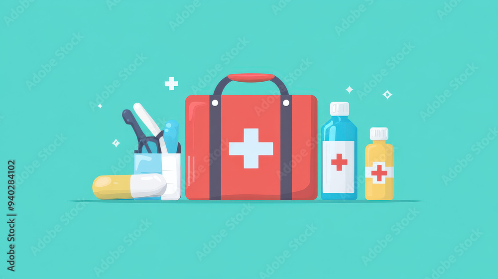 A vibrant vector of a paramedic bag filled with essential medical supplies for emergency care in a cartoon style. A vibrant vector of a paramedic bag filled with essential medical supplies for emergency care in a cartoon style.
