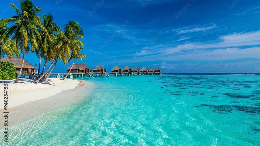 Naklejka premium Tropical beach with clear turquoise water, white sand, palm trees and overwater bungalows.