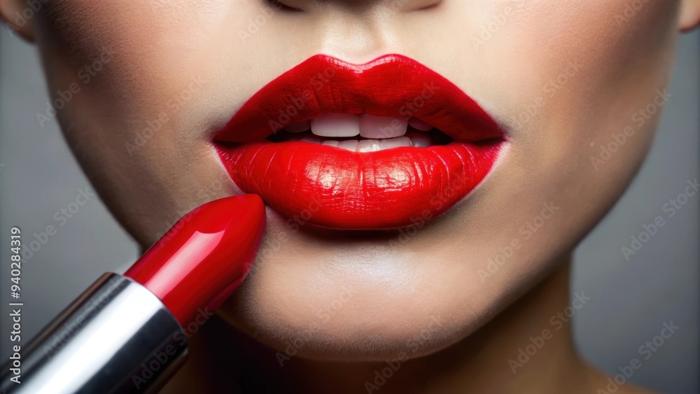 Naklejka premium Close up of vibrant red lipstick being applied on woman's lips, beauty, makeup, cosmetics, fashion, glamour, lips, close up