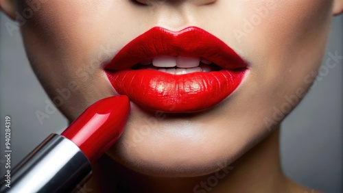 Close up of vibrant red lipstick being applied on woman's lips, beauty, makeup, cosmetics, fashion, glamour, lips, close up