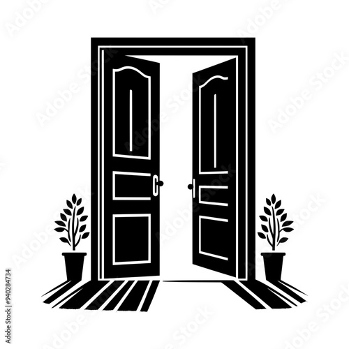 Black silhouette of an open double door isolated on transparent background - Vector illustration