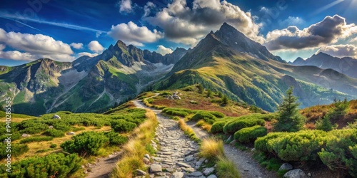 A picturesque mountain trail leading to Chybotek Peak in the Tatra Mountains, nature, outdoor, adventure, hiking