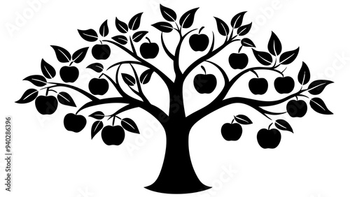 Apple Tree with Hanging Fruit: Detailed Vector Illustration for Design Projects